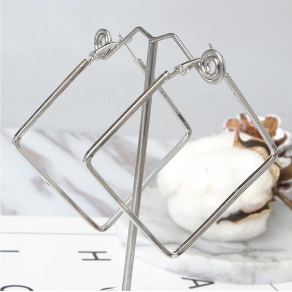 Silver Square Metallic Hoop Earrings - Picture 5 of 8